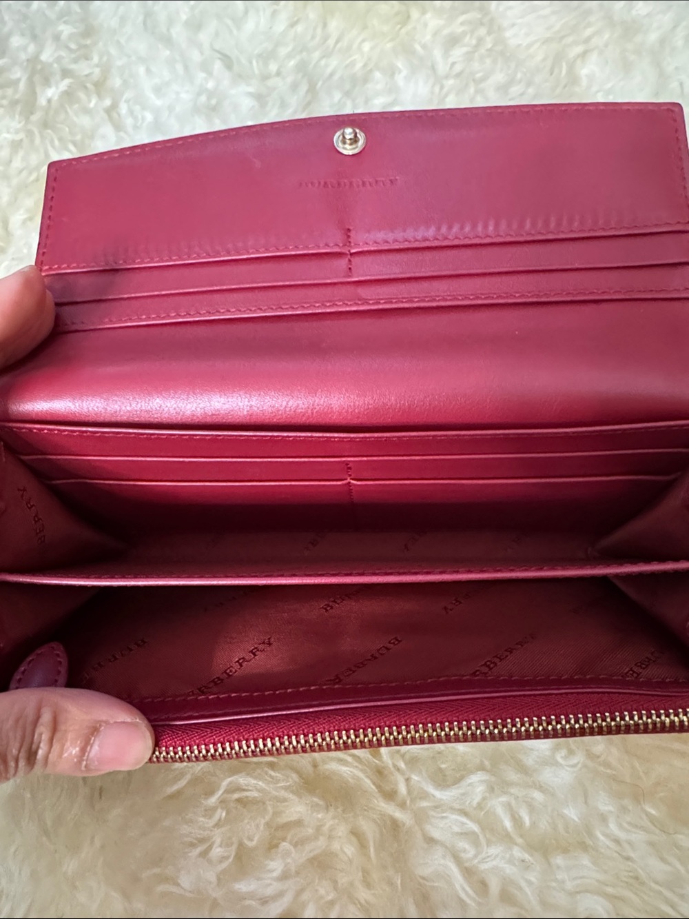 Burberry Burgundy Leather & Beige Check Continental Wallet - Picture 6 of 8
